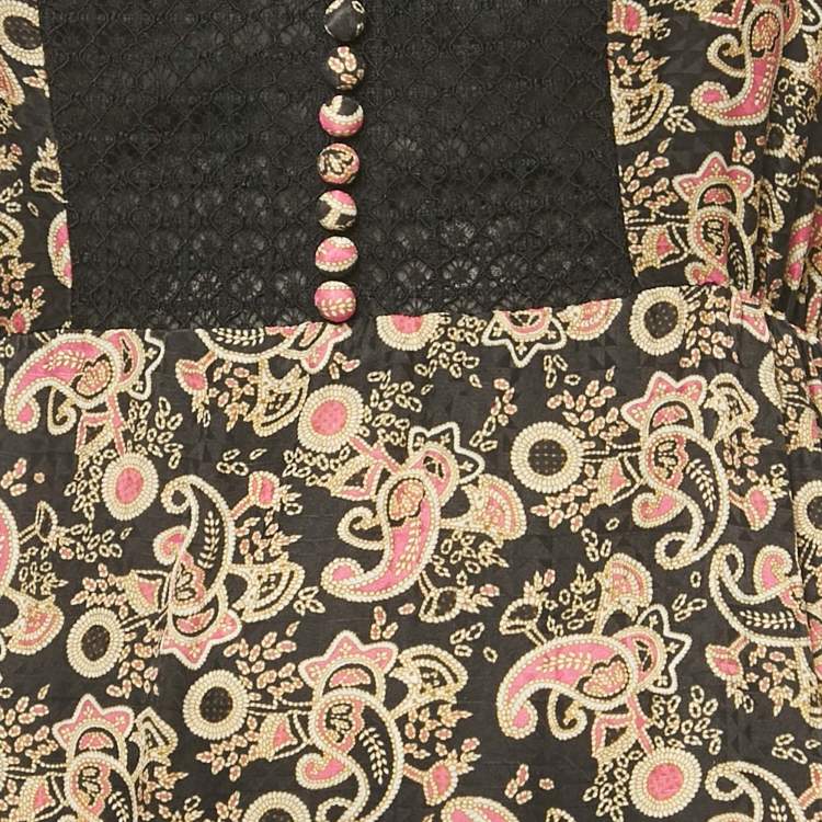 Pre Owned Sandro Black Lace Trim Paisley Print Crepe Midi Dress XS 