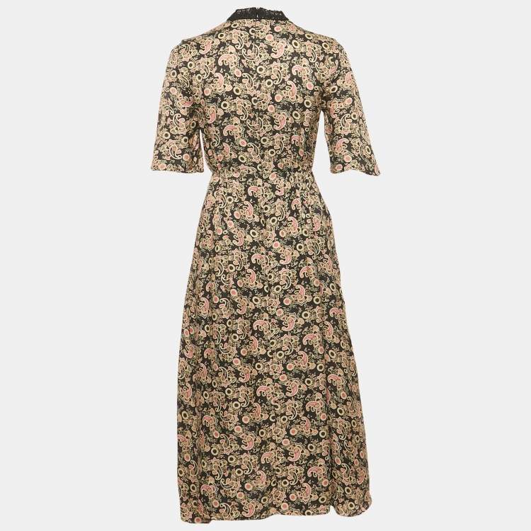 Pre Owned Sandro Black Lace Trim Paisley Print Crepe Midi Dress XS 