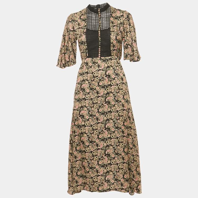 Pre Owned Sandro Black Lace Trim Paisley Print Crepe Midi Dress XS 