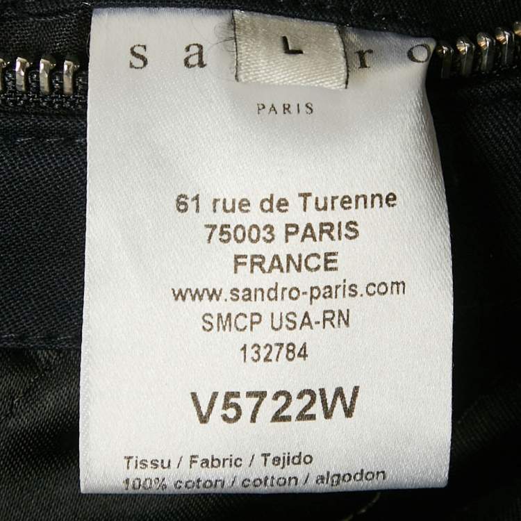Pre Owned Sandro Navy Blue Cotton Leather Sleeved Biker Jacket L  