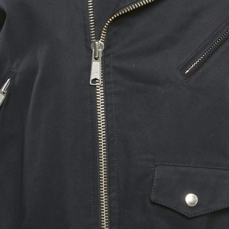 Pre Owned Sandro Navy Blue Cotton Leather Sleeved Biker Jacket L  