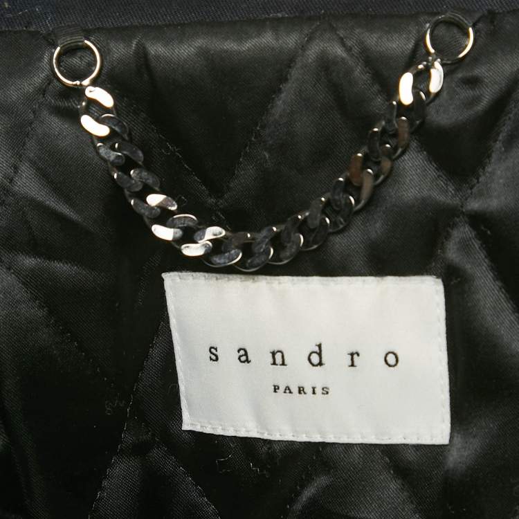 Pre Owned Sandro Navy Blue Cotton Leather Sleeved Biker Jacket L  