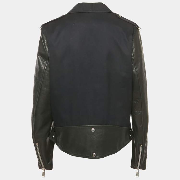 Pre Owned Sandro Navy Blue Cotton Leather Sleeved Biker Jacket L  
