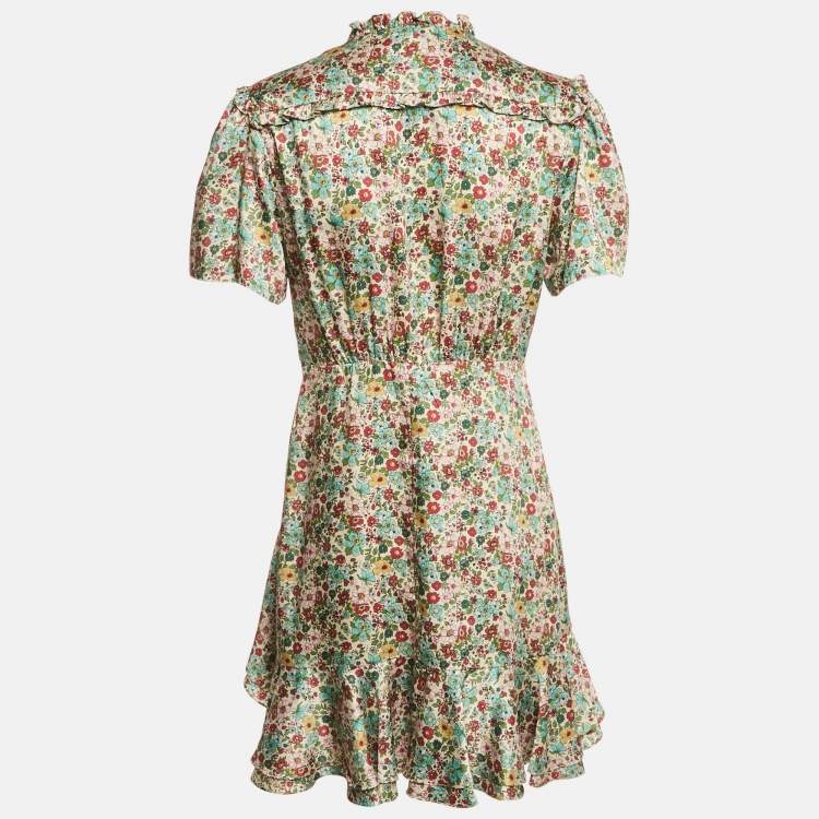 Pre Owned Sandro Cream Floral Print Crepe Ruffled Mini Dress L