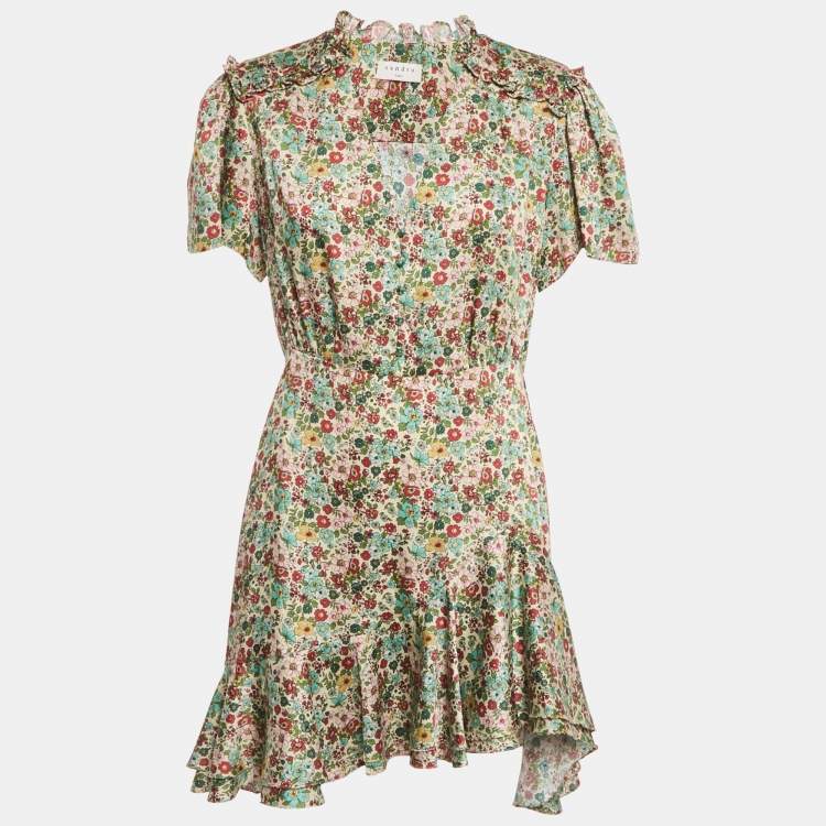 Pre Owned Sandro Cream Floral Print Crepe Ruffled Mini Dress L