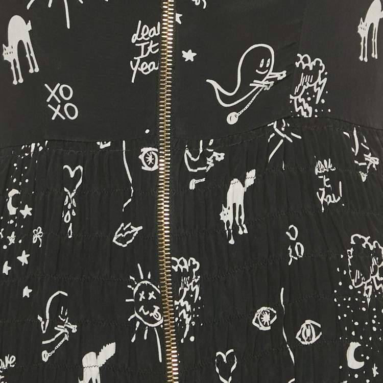 Pre Owned Sandro Black Printed Silk Mini Dress S