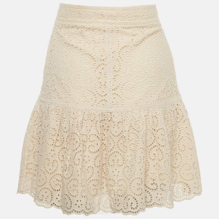 Pre Owned Sandro Beige Broderie Anglaise Tiered Mini Dress S