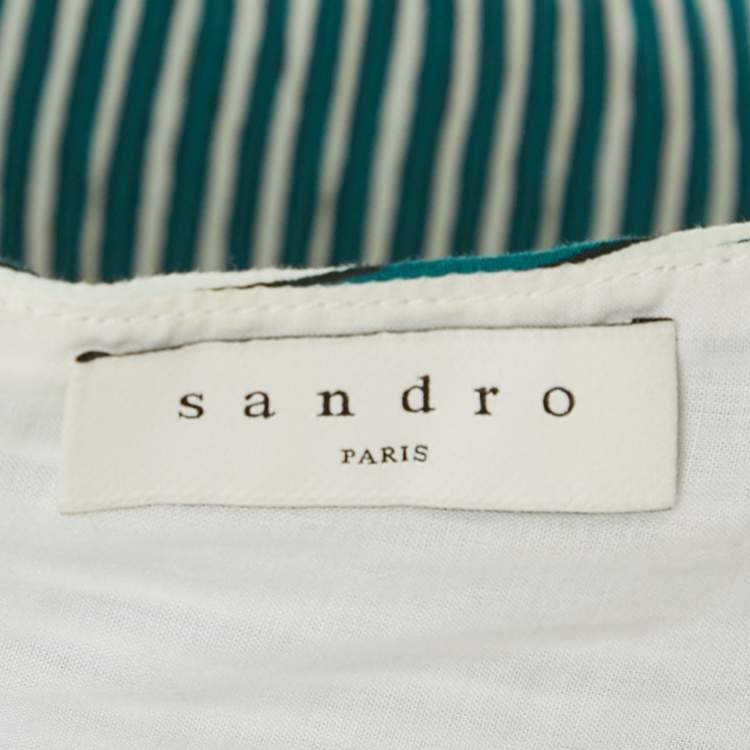 Pre Owned Sandro Teal Blue Striped Crepe Ruffled Mini Dress S