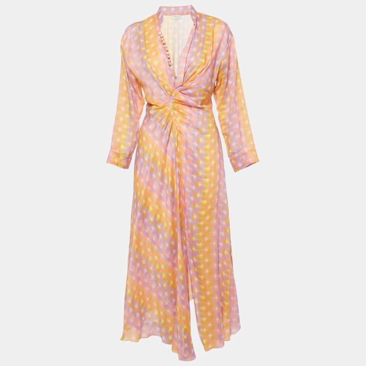 Pre Owned Sandro Pink Printed Silk Blend Crossover V-Neck Midi Dress M