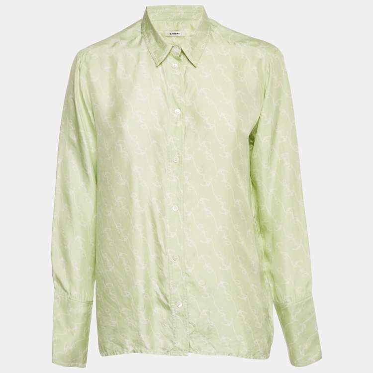 Pre Owned Sandro Green Anchor Print Silk Long Sleeve Shirt M