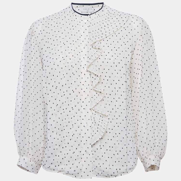 Pre Owned Sandro Cream Swiss Dots Chiffon Pleated Blouse S