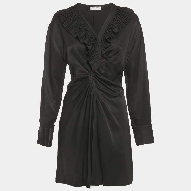 Pre Owned Sandro Black Gabardine Ruffle Trim Mini Dress S