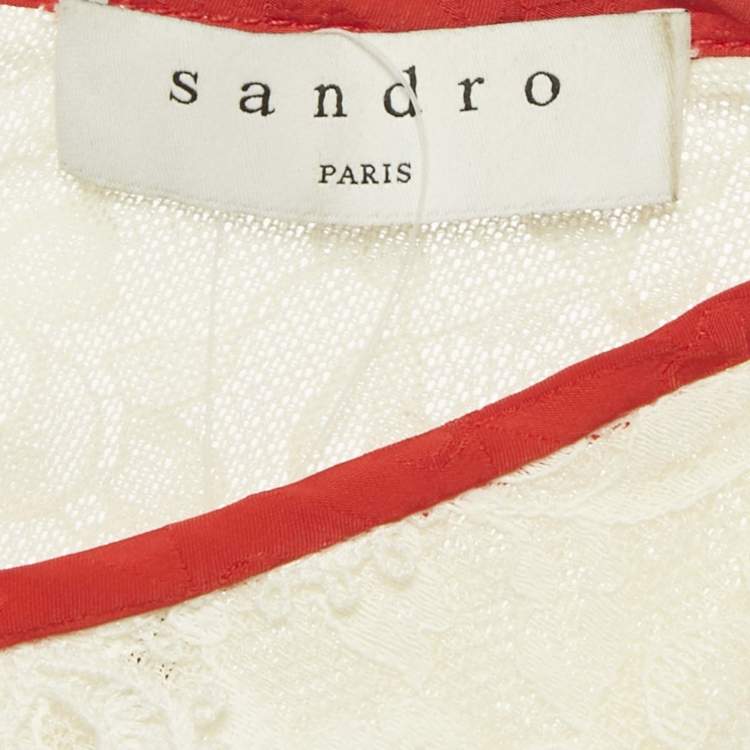 Pre Owned Sandro White /Black Lace & Tweed Bow Detailed Mini Dress L