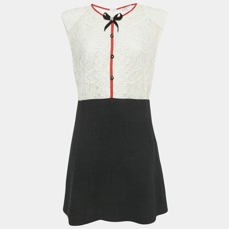 Pre Owned Sandro White /Black Lace & Tweed Bow Detailed Mini Dress L