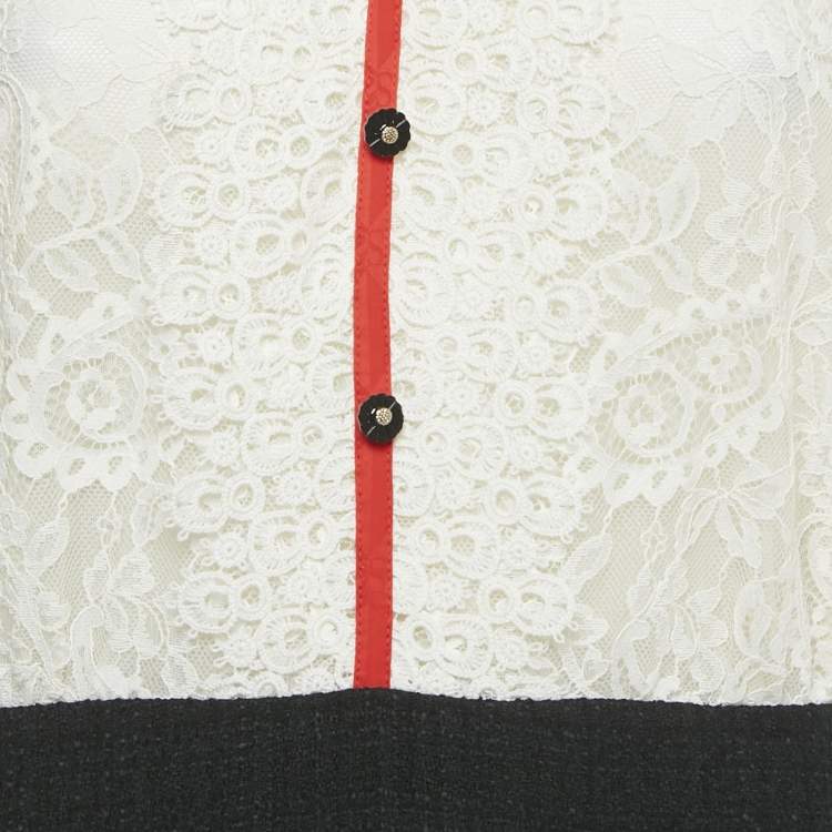 Pre Owned Sandro White /Black Lace & Tweed Bow Detailed Mini Dress L