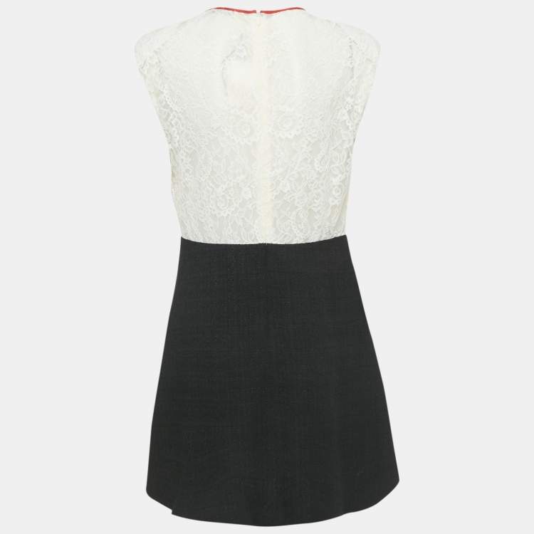 Pre Owned Sandro White /Black Lace & Tweed Bow Detailed Mini Dress L
