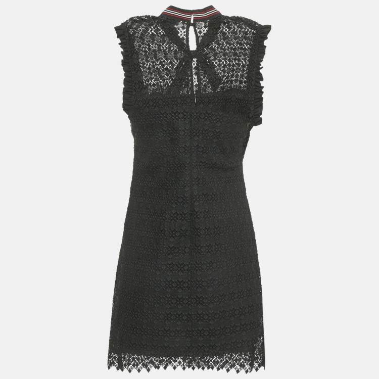 Pre Owned Sandro Black Lace Ruffled Sleeveless Tie Neck Detail Fidele Mini Dress M
