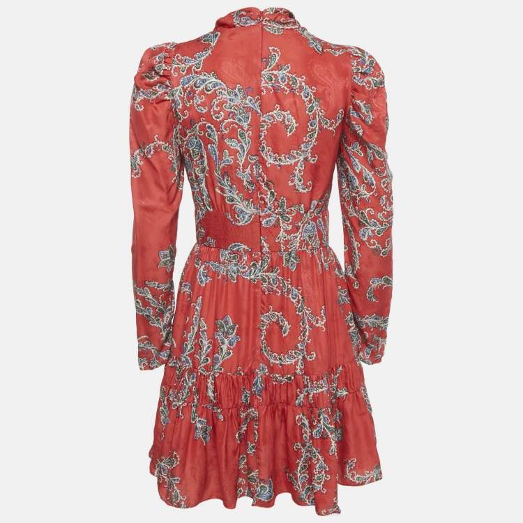 Pre Owned Sandro Red Paisley Print Satin Draped Neck Mini Dress S  
