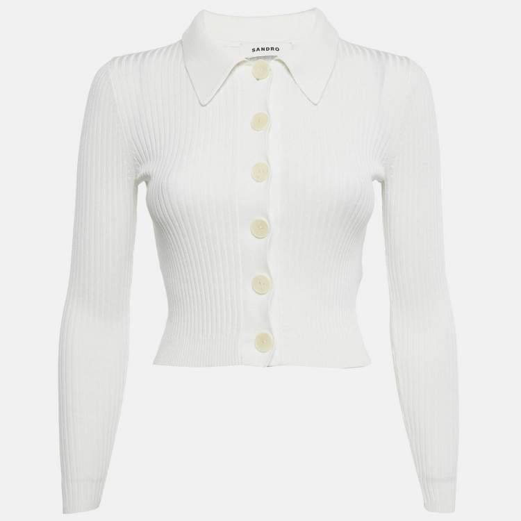Pre Owned Sandro White Rib Knit Button Front Fitted Top XS