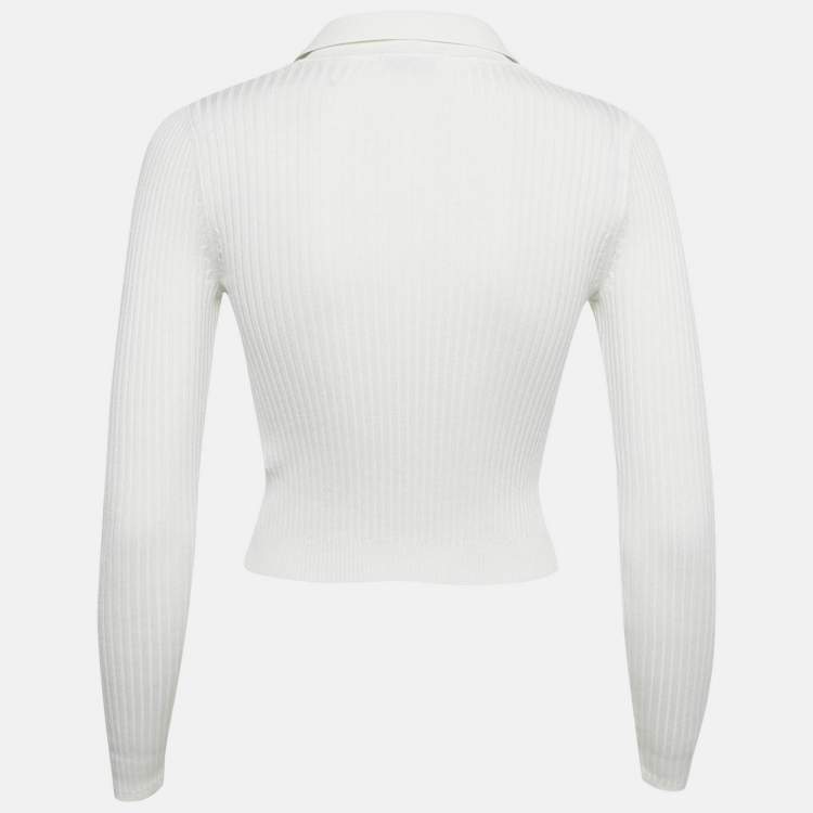 Pre Owned Sandro White Rib Knit Button Front Fitted Top XS