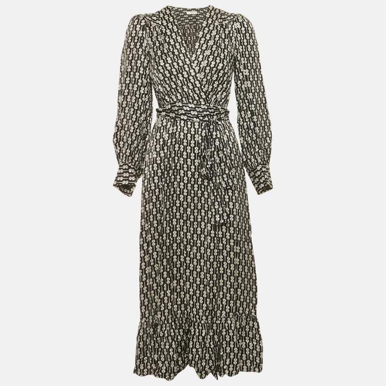 Pre Owned Sandro Black Floral Print Viscose Warp Around Midi Dress XS