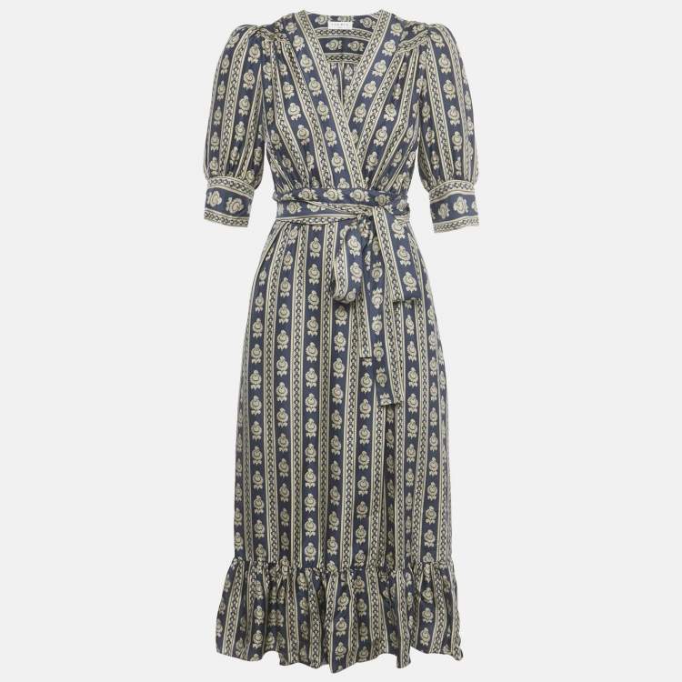 Pre Owned Sandro Navy Blue Printed Silk Wrap Around Midi Dress XS