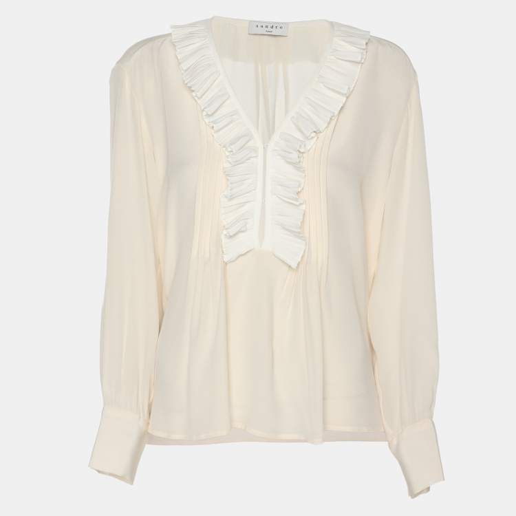 Pre Owned Sandro Light Beige Crepe Ruffle Trip Long Sleeve Shirt S