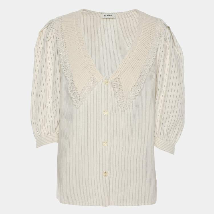 Pre Owned Sandro Cream Stripe Linen Blend Lace Trip Blouse S