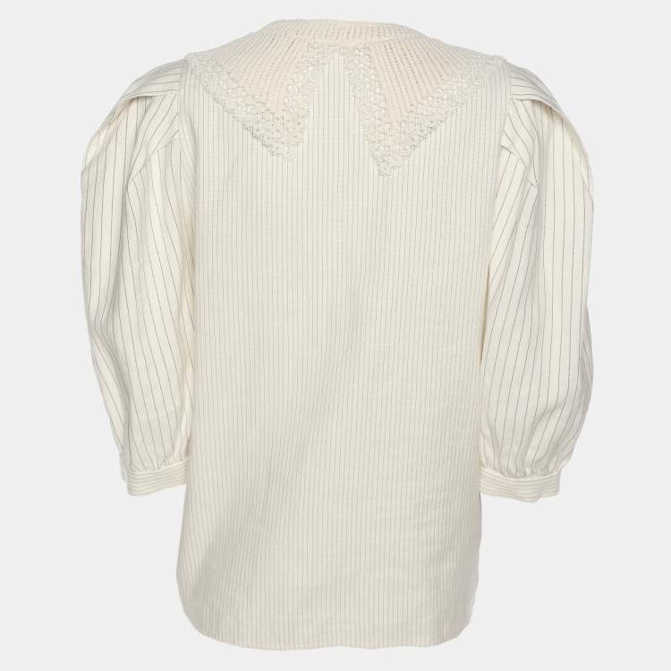 Pre Owned Sandro Cream Stripe Linen Blend Lace Trip Blouse S