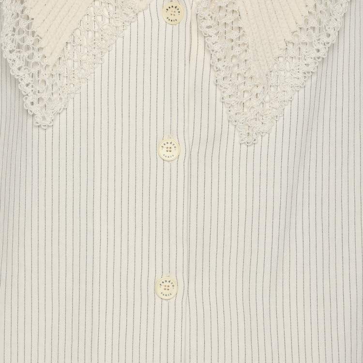 Pre Owned Sandro Cream Stripe Linen Blend Lace Trip Blouse S