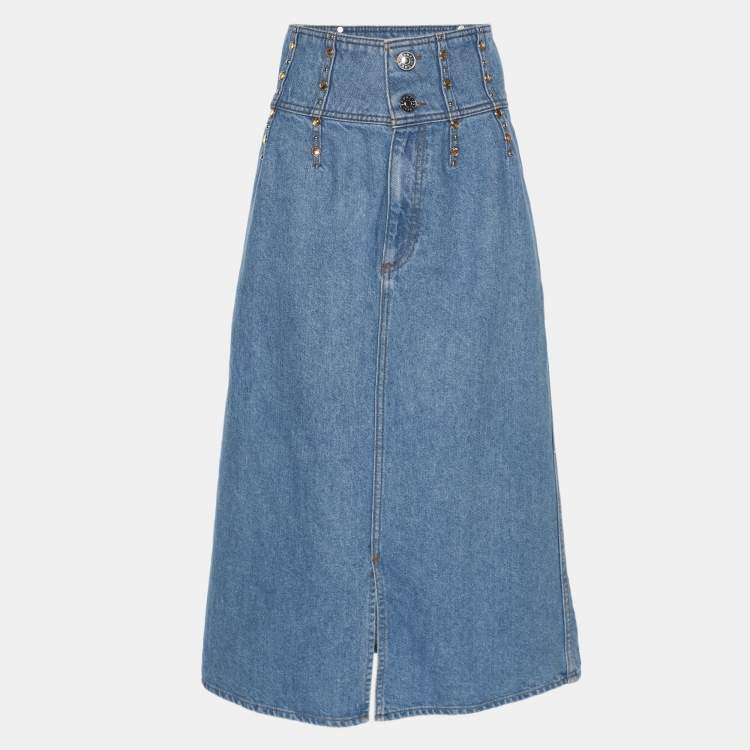 Pre Owned Sandro Blue Denim Crystal Embellished Midi Skirt L