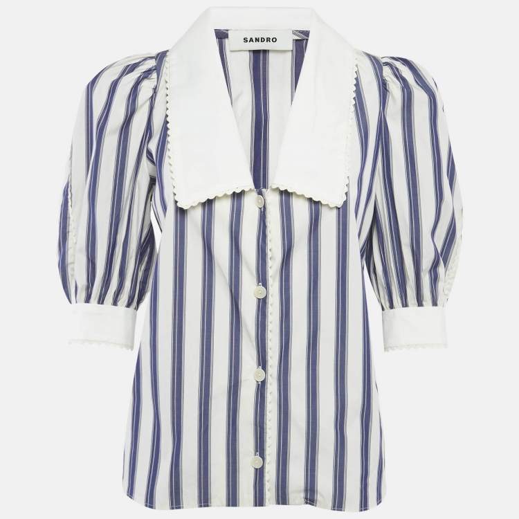 Pre Owned Sandro Blue Stripe Cotton Oversize Collar Detail Button Front Blouse XS