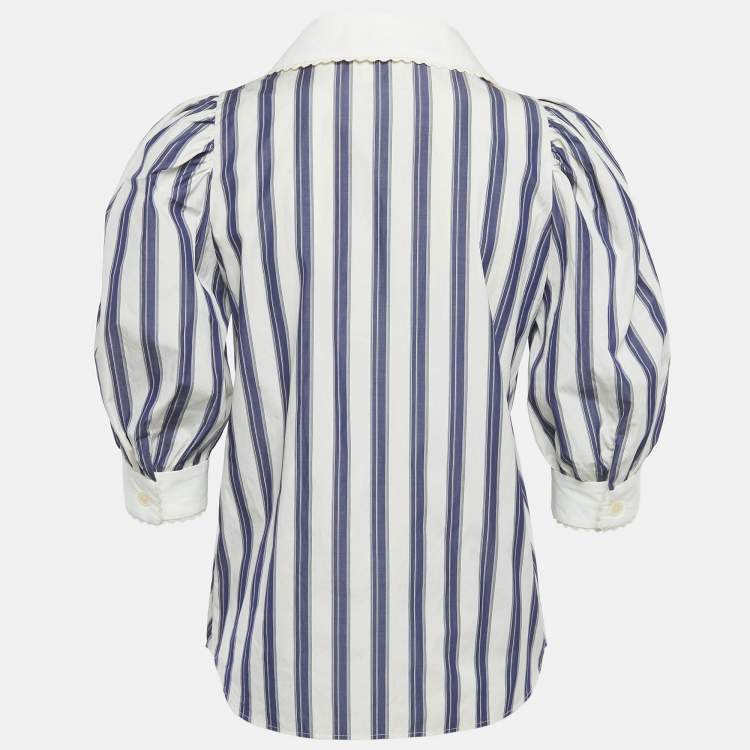 Pre Owned Sandro Blue Stripe Cotton Oversize Collar Detail Button Front Blouse XS