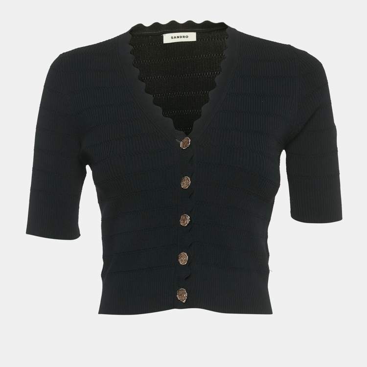 Pre Owned Sandro Black Rib Knit Button Front Cardigan Top M
