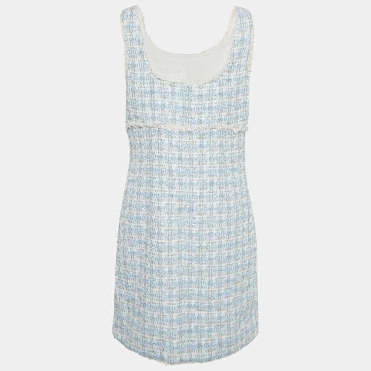 Pre Owned Sandro Blue /White Lurex Tweed Fridge Detail Mini Dress XL