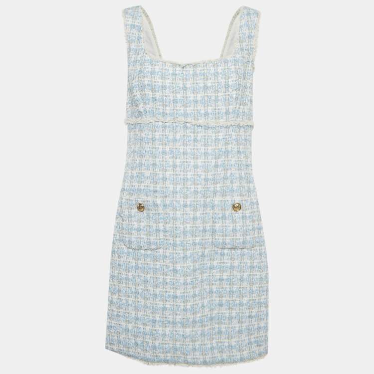 Pre Owned Sandro Blue /White Lurex Tweed Fridge Detail Mini Dress XL