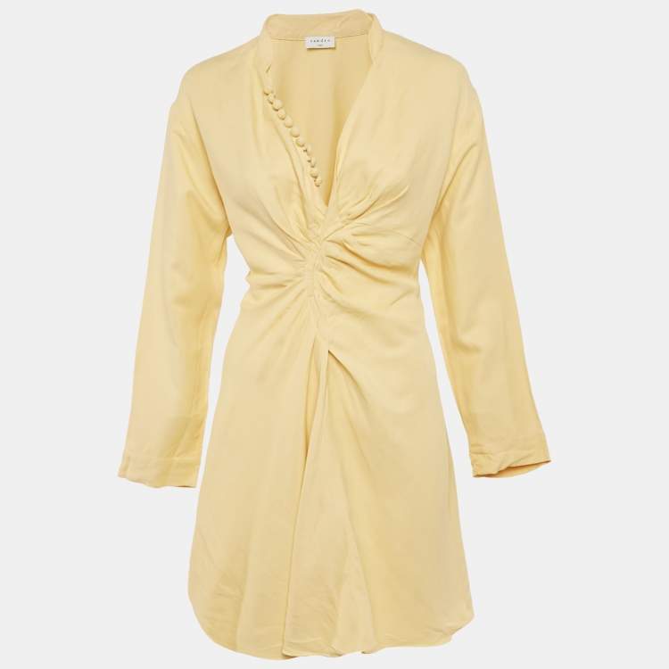 Pre Owned Sandro Yellow Crepe Gathered Mini Dress XS  