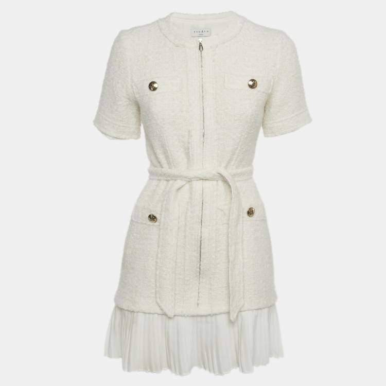 Pre Owned Sandro White Tweed & Plisse Mini Coat Dress S 