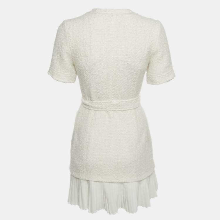 Pre Owned Sandro White Tweed & Plisse Mini Coat Dress S 