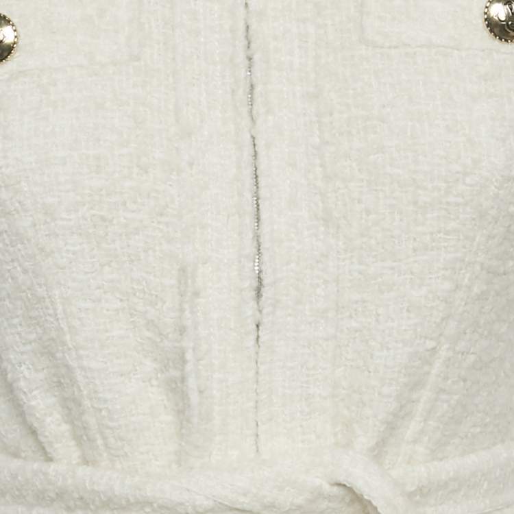 Pre Owned Sandro White Tweed & Plisse Mini Coat Dress S 