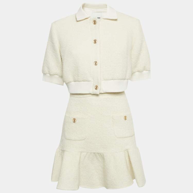 Pre Owned Sandro Ecru Tweed Crop Jacket and Mini Skirt Set S