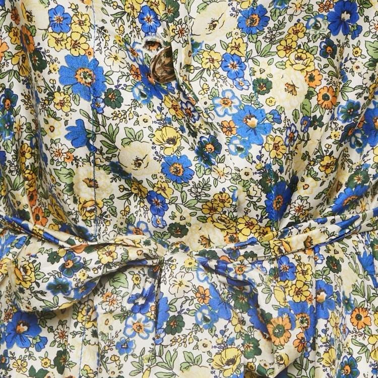 Pre Owned Sandro Yellow/Blue Blossom Print Silk Mini Dress S