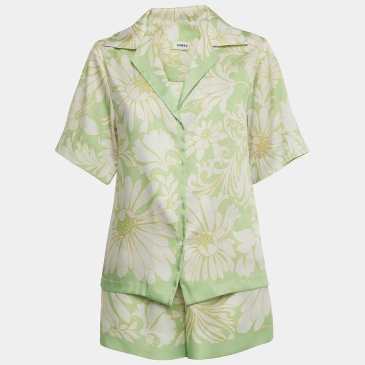 Pre Owned Sandro Green Floral Print Satin Top & Shorts Set XS