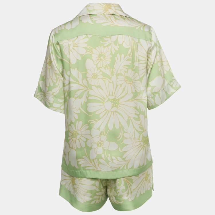 Pre Owned Sandro Green Floral Print Satin Top & Shorts Set XS