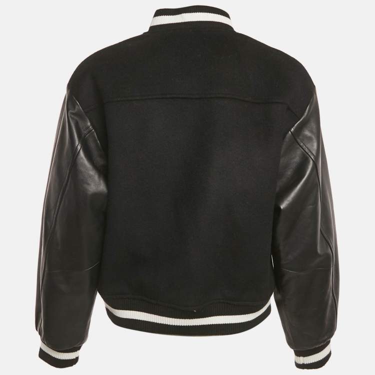 Pre Owned Sandro Black Embroidered Wool and Leather Varsity Jacket S