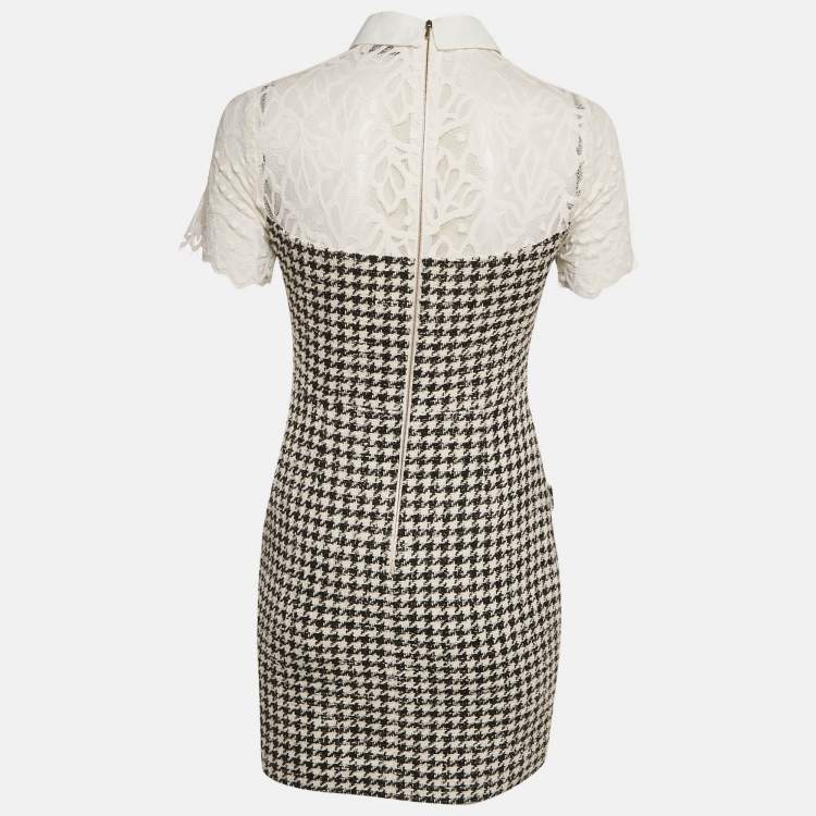 Pre Owned Sandro Monochrome Tweed & Lace Collared Mini Dress S