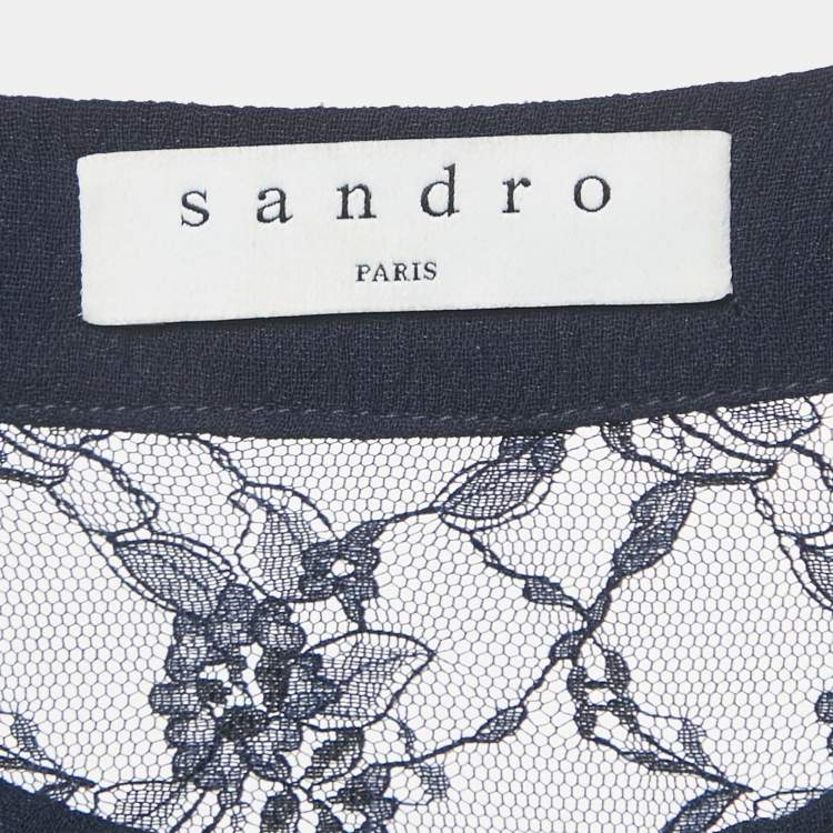 Pre Owned Sandro Navy Blue Crepe Lace Panel Jovane Mini Dress S