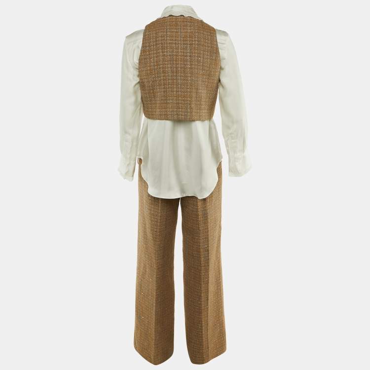 Pre Owned Sandro Beige Tweed & White Satin Shirt , Vest & Pants Set S