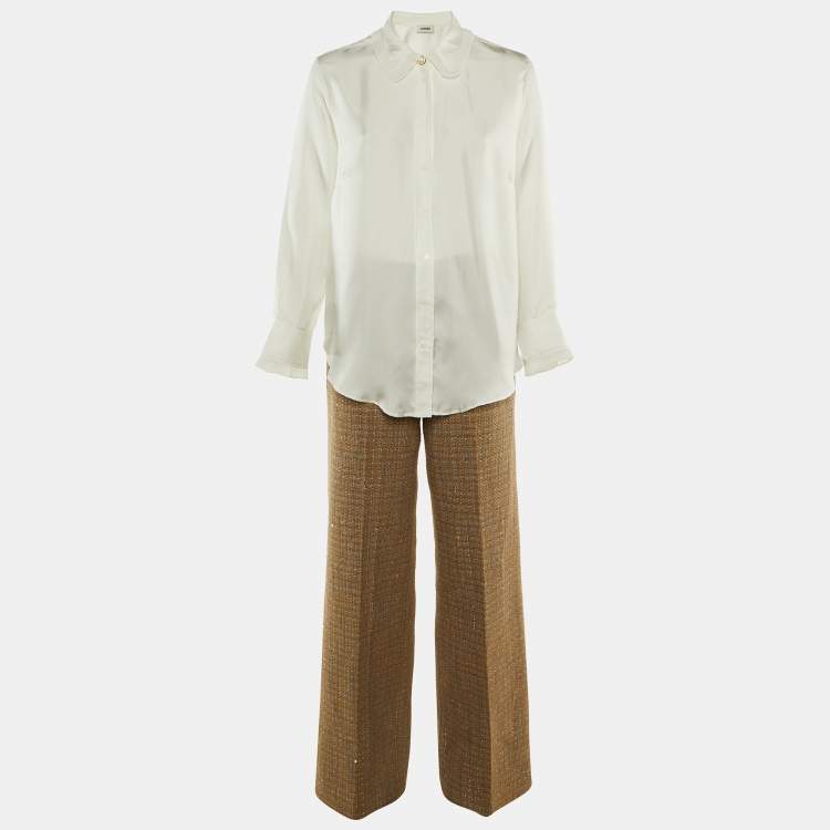 Pre Owned Sandro Beige Tweed & White Satin Shirt , Vest & Pants Set S