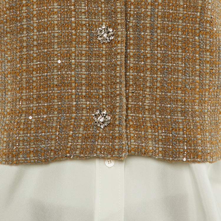 Pre Owned Sandro Beige Tweed & White Satin Shirt , Vest & Pants Set S